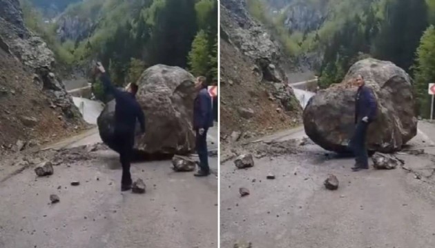 Dev kaya parçası yola düştü