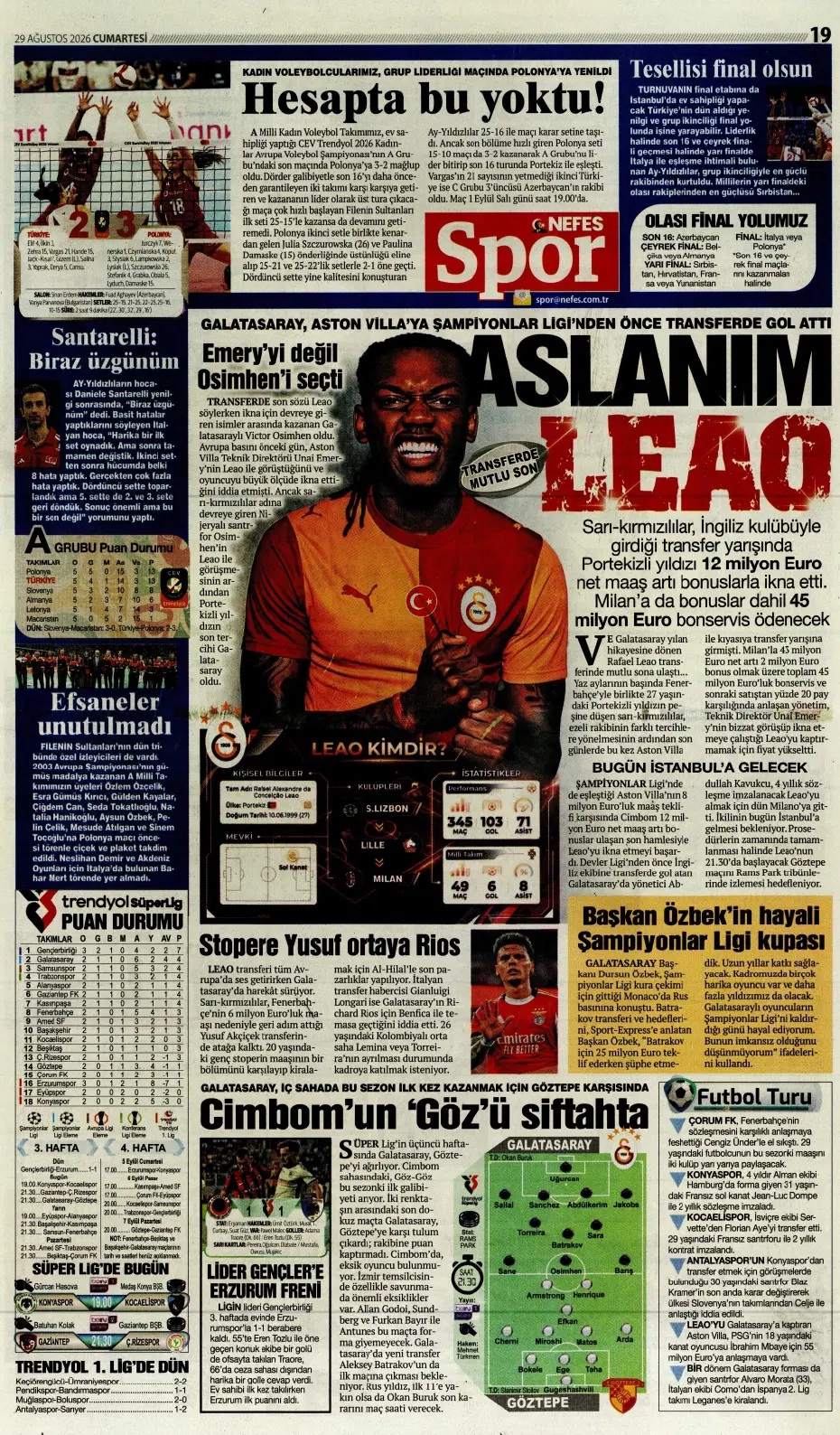 Aslanım Leao! Spor basını bugün ne yazdı? (29 Ağustos)